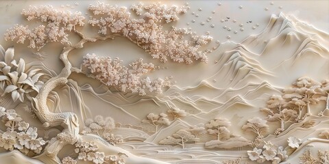 Beautiful sakura tree and mountain 3d relief wallpaper. Mural wallpaper. Wall art. AI generated illustration.