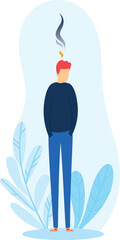 Man stress steam head, cartoon male frustrated anxiety. Casual attire male figure burning out, overwhelmed mind. Blue plants background, red hair character tension release