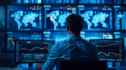 A financial analyst sitting in front of multiple screens displaying Bitcoin market trends and global financial data, symbolizing modern finance and cryptocurrency analysis.