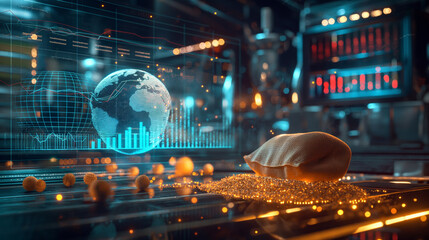 A futuristic holographic display projecting graphs and charts over a globe and a sack of wheat, illustrating the economic impact of food shortages on global markets