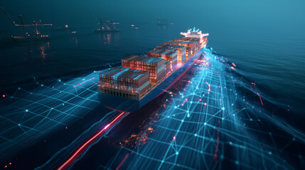 Obraz premium AI-driven global trade efficiency: Digital interface showcasing real-time data analytics of container ships navigating international waters for efficient logistics.
