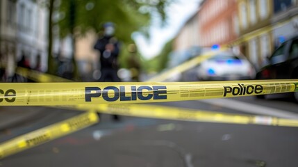 Yellow Police Tape Across City Street, Blurry Officer in Background