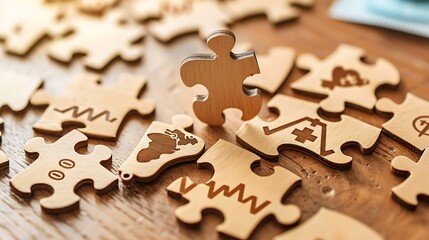 Medical icon on wooden puzzle for global health care with open background