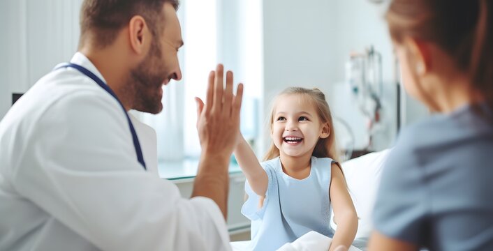 Friendly pediatrician giving high five to little patient in wheelchair. Cute preschool girl in wheelchair greeting doctor in hospital.