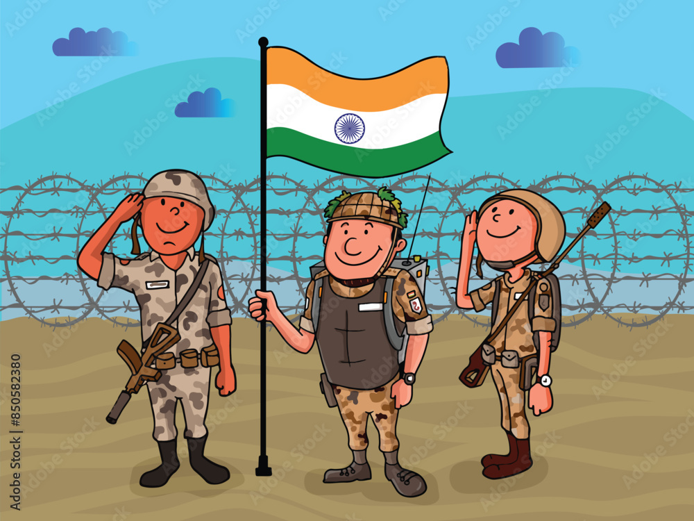 Canvas Prints Indian Force Officers Saluting to National Flag on Border for India Happy Independence Day Concept.