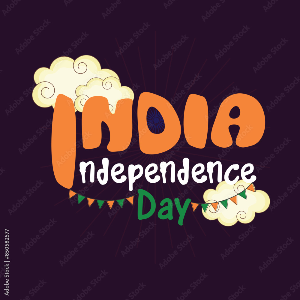 Sticker India Independence Day Poster Design with Clouds, Bunting Flag Decorated on Purple Background.