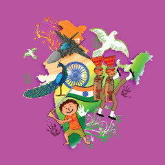 Happy Independence Day Concept with National Flag India Map Showing Indian Strength, National Bird Peacock, Peace Sign Pigeon and Cute Boy Waving Flag on Purple Background.