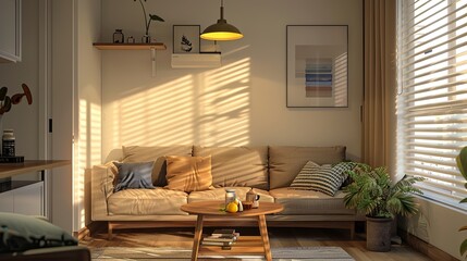 living room with sofa and rounded table