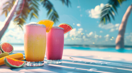 Two refreshing smoothies with fruit garnishes sit on a beach table in front of a clear blue ocean and palm trees