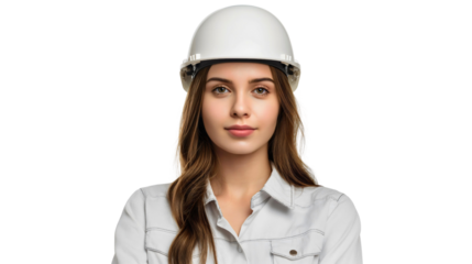 Young woman wearing protective white hard hat or helmet, crossed arms and smile portrait, looking at the camera, isolated on transparent background. Engineer construction business manager