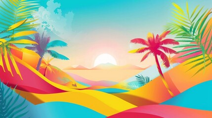 Fototapeta premium A sunny desert with dunes and palm trees, creating a stunning landscape.