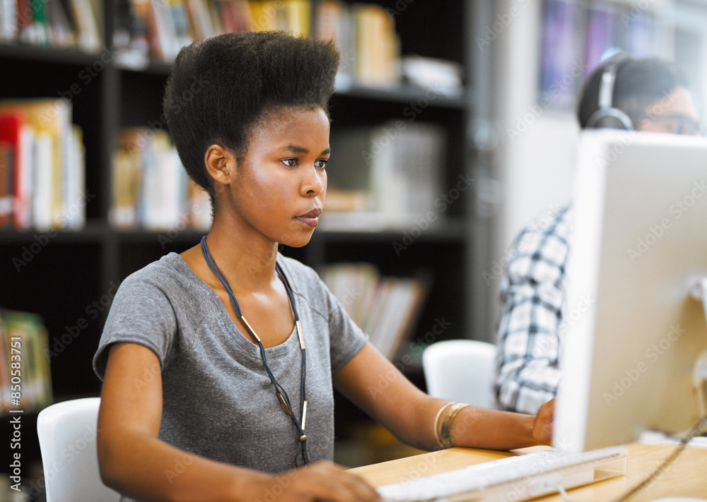 Poster research, university and woman at computer in library for education, online course or project develo