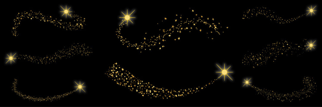 Gold shiny star confetti set. Magical gold sparkles shimmering waves light effect vetor collection. Golden stars dust flying on black background.