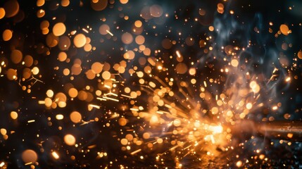 Fototapeta premium Glowing sparks from welding, dispersed in dark space