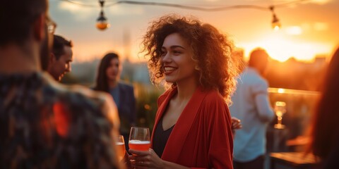 Friends enjoying a rooftop party at sunset, holding drinks and socializing with smiles.