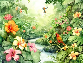 Obraz premium Modern abstract art. Watercolor floral illustration. Golden elements, watercolor painting, children's wallpaper. Hand drawn plants. Tropical, flowers. leaf. AI generated illustration