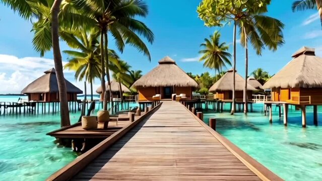 view of the shallow ocean with several accommodation huts above the sea water with a beautiful island background, seamless looping 4k animation video background 