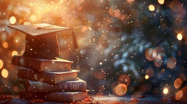 Horizontal banner. Graduation cap and books on the multi-colored background. Bokeh effect. Celebrating of graduation, university, institute, school. Free space for text