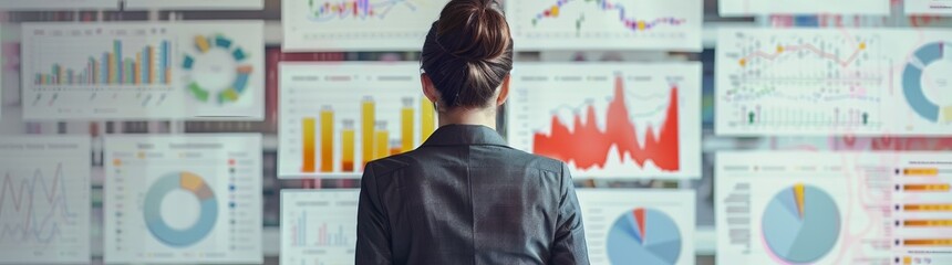 Professional examining financial data on multiple boards - A woman in a business suit scrutinizes various financial charts and graphs on multiple display boards, highlighting critical analysis 