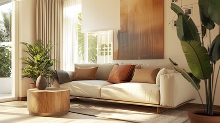 living room with sofa and rounded table