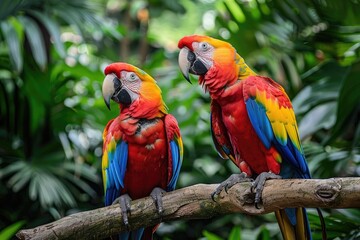 A pair of colorful parrots perched on a branch in a tropical rainforest, surrounded by lush green foliage