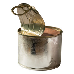 an open can with drops of condensate. canned meat, fish, pate.