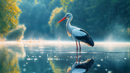 A white stork standing in a tranquil lake © Flowal93