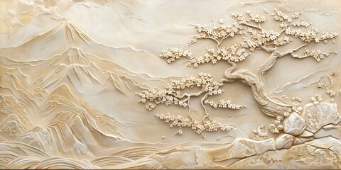 Beautiful sakura tree and mountain 3d relief wallpaper. Mural wallpaper. Wall art. AI generated illustration.