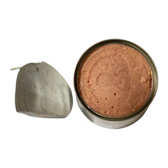 an open can with drops of condensate. canned meat, fish, pate.