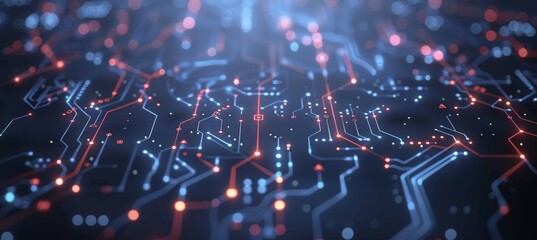 Obraz premium Close up of intricate microchip circuits with soft, ethereal glow in detailed view