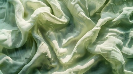Obraz premium Abstract crumpled linen fabric texture background. Natural pale green color dyed linen organic eco textiles canvas background. Top view