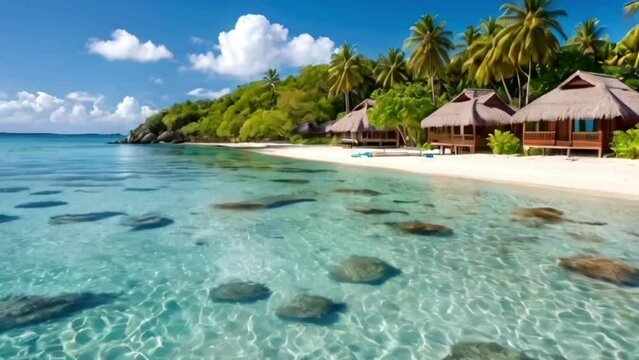 beautiful view of the island with several cottages on the coast with clean and clear sea water, seamless looping 4k animation video background