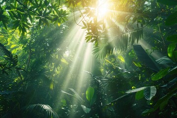 A panoramic view of a dense jungle canopy with beams of sunlight piercing through the leaves, creating a dappled light effect