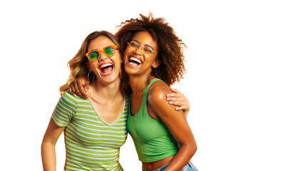 Fototapeta na wymiar Two friends enjoying a day at the beach, laughing and having fun in the sun, capturing the essence of carefree companionship.
