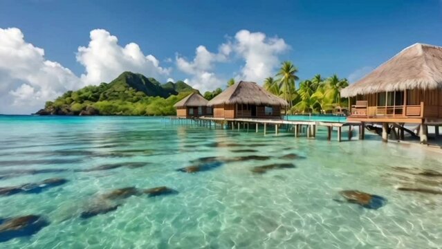 view of the shallow ocean with several accommodation huts above the sea water with a beautiful island background, seamless looping 4k animation video background