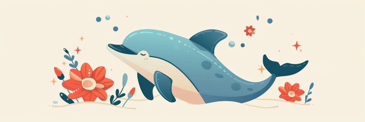 Obraz premium Horizontal banner. World Whale and Dolphin Day. Flat illustration. Cute dolphin swims in the sea, blue background with red flowers. Marine animal protection concept. Free space for text