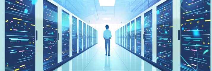 System administrator day, network administrator in server room. Back view. Horizontal banner. Network Technologies Concept