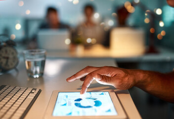 Hands, tablet and screen with graphs in night at office with click for results, progress and stats...