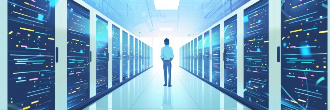 System administrator day, network administrator in server room. Back view. Horizontal banner. Network Technologies Concept