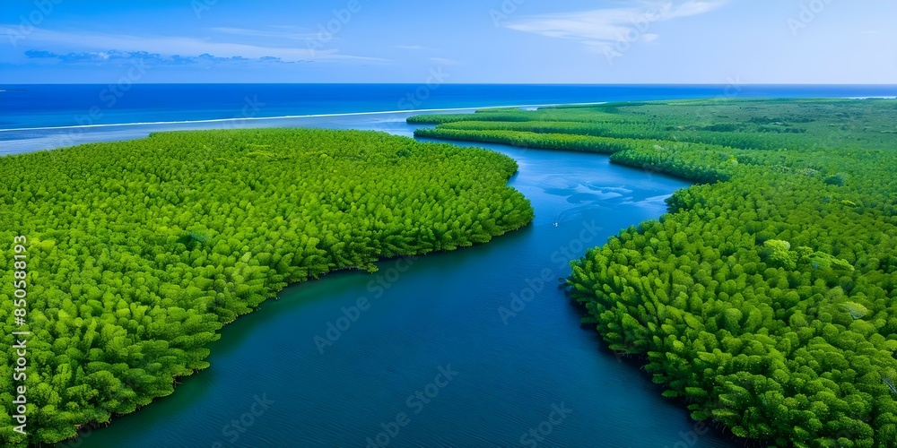 Wall mural aerial view of lush mangrove forest along the caribbean sea coastline. concept aerial photography, m - Wall murals