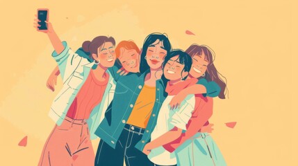 Flat illustration. Happy international friendship day greeting card. A group of friends takes a selfie. Horizontal banner, free space for text