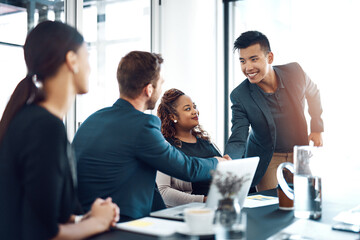 Men, handshake and welcome to meeting at office with smile for introduction, crm and respect....