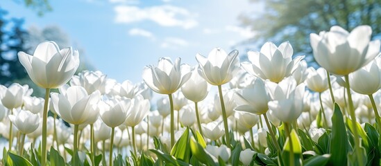 Fototapeta premium Close up nature view of amazing white tulips blooming in garden at middle of spring under sunlight.