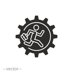 running man in cogwheel icon, feeling full busy, effort or achievement in business target, businessman mind and strategy, flat symbol on white background - vector illustration