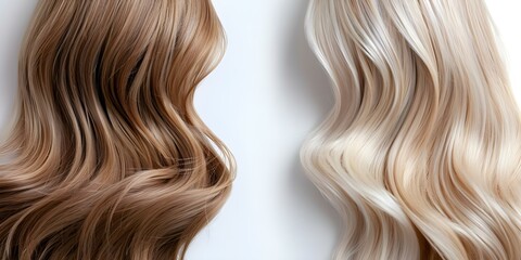 Before and after hair extensions on a white background showcasing beauty transformation. Concept Hair Extensions, Beauty Transformation, Before and After, White Background, Glamour Shots