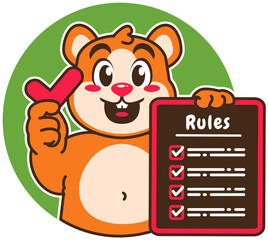 A Cartoon Hamster carrying a Rule Board and a check mark