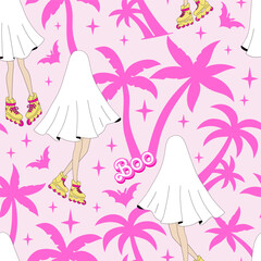 Pink Plastic Doll ghost on roller skates Palms vector seamless pattern. Pinky Girl Halloween vibes background.