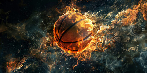 A close up of a basketball ball in a fire and smoke generative ai