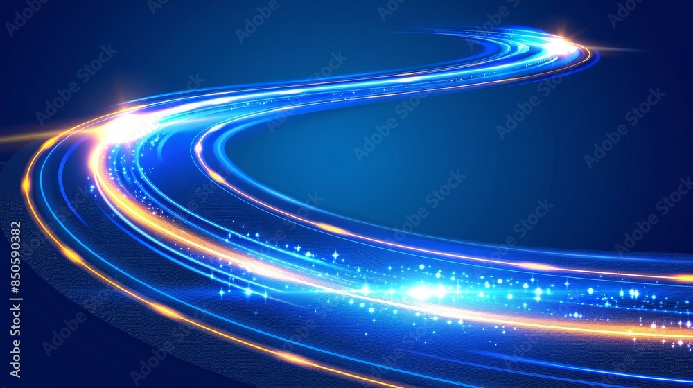 Wall mural abstract glowing path technology and information transfer concept in blue and orange light trail