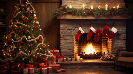 Fototapeta premium Festive Christmas Tree and Stockings by the Fireplace Warm Holiday Scene